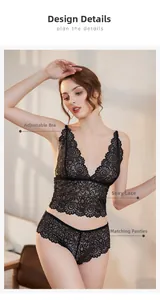 Detail showing floral lace texture and adjustable straps of the black bralette set