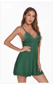 Detailed view of dark green modal nightdress with intricate lace trim and V-neckline