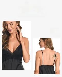 Close-up of black satin nightgown with deep V-neck lace patchwork and thin back straps