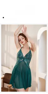 Detail view of a dark green sheer mesh sleepwear with floral lace V-neck and mesh hem