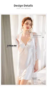 Detail view of lace robe and satin chemise set showing adjustable straps and floral lace