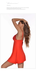 Side view of red modal nightgown with delicate lace embroidery and open back detail