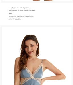 Detailed view of blue silk satin chemise with delicate beige lace trim and smooth texture
