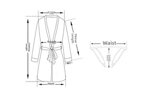 Size chart showing measurement points for women's lace mesh robe and underwear set