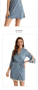 Detail of greyish blue silk robe with elegant lace trim on cuffs and hem for women