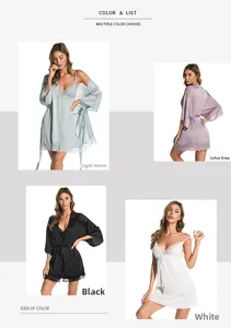 Detailed lace trim texture on satin pajama sets in green, mauve, black, and white