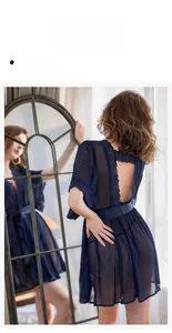 Detailed back view of navy mesh robe with intricate lace trim and satin waist tie
