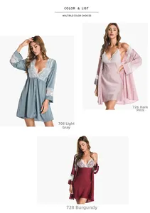Trois ensembles de pyjamas en soie en gris clair, rose foncé et rouge vin avec dentelle