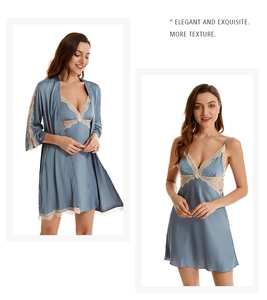 Detail of smog blue satin sleepwear set with beige lace trim and V-neck chemise