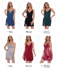Collage of modal knit lace trim nightgowns in blue, green, grey, and red color options