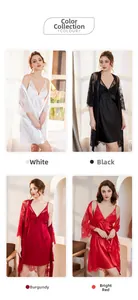 Lace-trimmed silk satin robe and camisole nightgown set in four vibrant elegant colors