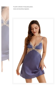 Detail of grey-purple satin slip dress featuring fine lace trim and adjustable thin straps