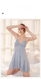 Detail of grey modal lace chemise showing delicate V-neck patchwork and thin straps