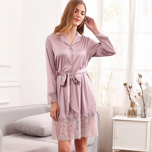 Elegant ice silk lace trim lounge robe in mauve with adjustable waist tie and long sleeves