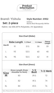 Size guide for lace satin pajama set with detailed robe and slip dress measurements
