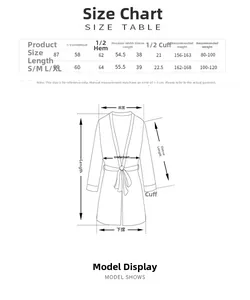Tableau des tailles S-XL et mesures pour peignoir de nuit en soie pour femmes