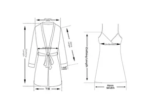 Detailed size chart guide for lace bathrobe and silk slip dress showing measurements