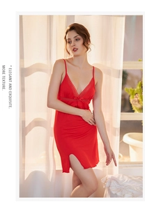 Detail of red modal nightgown with lace V-neckline and elegant bow detail
