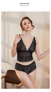 Detail of delicate floral lace embroidery on black matching lingerie set with sheer texture