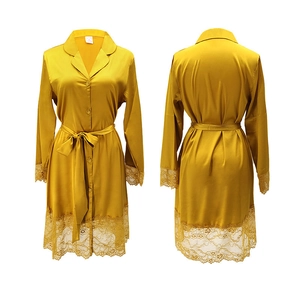 Ginger yellow silk satin robe with lace sleeves and matching waist belt, front and back view