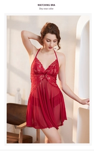 Detail view of dry rose lace lingerie set featuring sheer mesh and a deep V-neckline