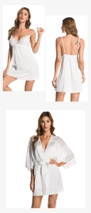 Detailed views of white silk sleepwear set with V-neck lace trim and matching belted robe