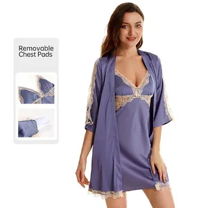 Women Satin Nightgown And Lace Robe Nightwear V Neck Sleepwear With Removable Chest Pads Home Casual Robe Nightwear