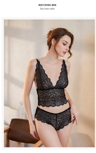 Detailed macro shot of elegant black lace lingerie set featuring intricate floral patterns