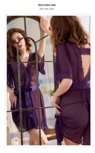 Detail of dry rose mesh robe with lace trim, V-neck, and matching bra set view