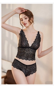 Close-up detail of black floral lace fabric on sexy bralette and panty set for women