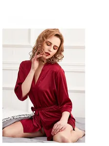 Detailed view of silky burgundy satin robe featuring elegant waist tie and smooth texture