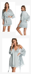 Detail of satin pajama set with lace trim featuring an ice blue robe and slip dress