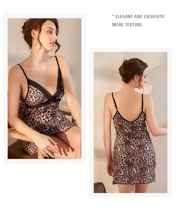 Detail of leopard print slip nightgown with lace V-neckline and elegant open back