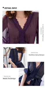 Detail of floral lace V-neckline and open back design on sheer mesh sexy bathrobe