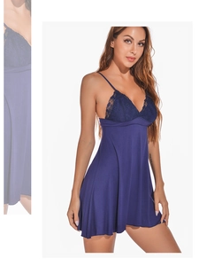 Detail of navy blue modal nightgown featuring delicate lace embroidery and thin straps