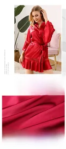 Close-up of red silk satin robe showing intricate lace trim on sleeves and soft fabric texture