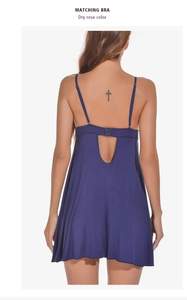 Detail view of navy blue modal nightgown with delicate lace and open back buckle design