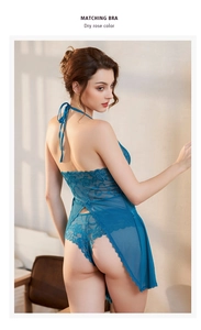 Detailed view of the backless tie-up design on a peacock blue lace lingerie nightgown