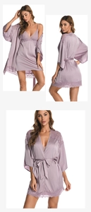 Detailed lace trim on satin purple negligee and robe set for a refined look