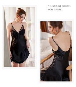 Detailed front and back views of black satin slip dress with lace trim and bow detail