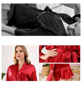 Detail of silk bridal robes featuring lace hems and smooth satin finish in burgundy and black
