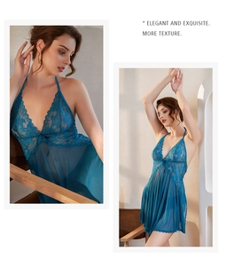 Detailed view of peacock blue sheer lace nightgown with V-neckline and bow accent