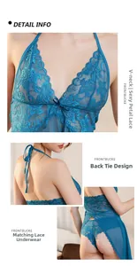 Detailed views of blue lace V-neck nightgown with bow tie back and sheer mesh fabric