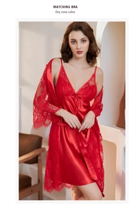 Detail of red lace cuffs and satin fabric on elegant two-piece lingerie nightgown set