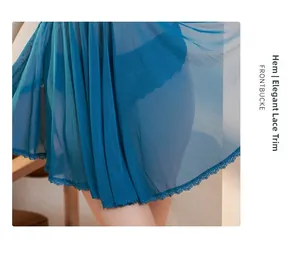 Detailed close-up of peacock blue mesh sleepwear with delicate wavy lace trim at the hem