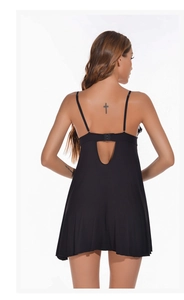 Detail of backless modal nightgown featuring a teardrop cutout and adjustable button closure