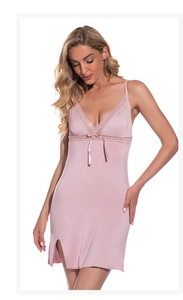 Pink modal nightdress detail featuring lace V-neckline with a small bow and side slit