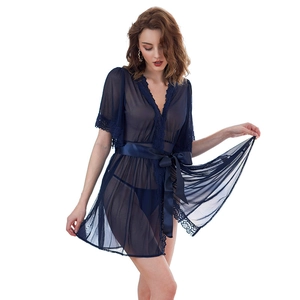 Navy blue lace mesh lingerie robe set with sheer floral details and satin waist bow