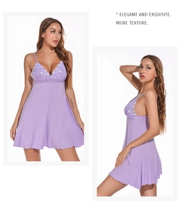 Detailed view of the purple modal nightgown featuring delicate white lace floral neckline