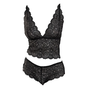 Elegant two-piece black lace lingerie set with deep V-neck bralette and floral details